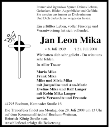 Traueranzeige von Jan Leon Mika von Tageszeitung