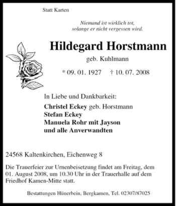 Traueranzeige von Hildegard Horstmann von Tageszeitung
