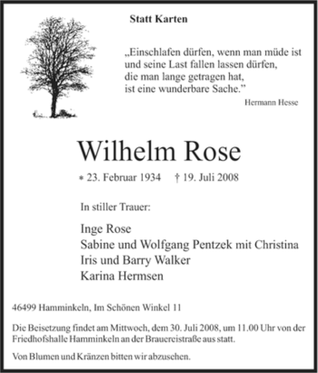 Traueranzeige von Wilhelm Rose von Tageszeitung