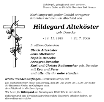 Traueranzeige von Hildegard Alteköster von Tageszeitung