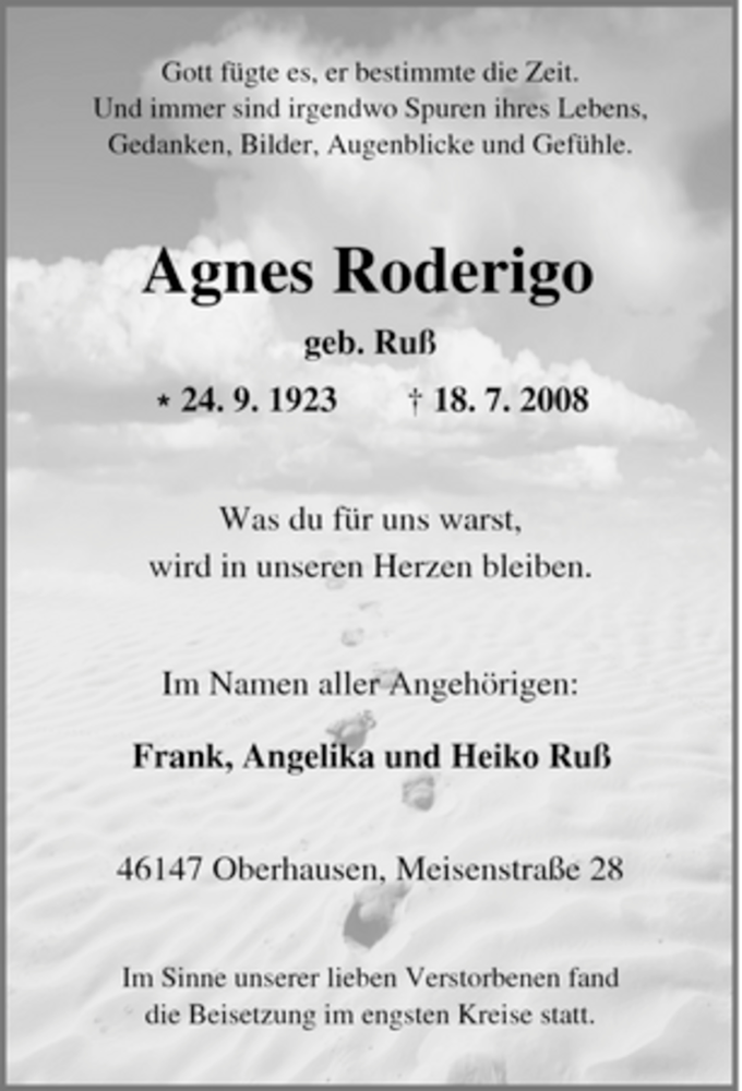  Traueranzeige für Agnes Roderigo vom 25.07.2008 aus Tageszeitung