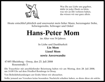 Traueranzeige von Hans-Peter Mom von Tageszeitung