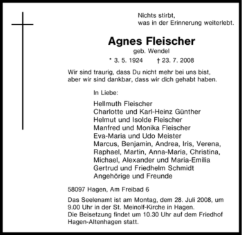 Traueranzeige von Agnes Fleischer von Tageszeitung