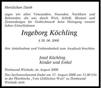 Traueranzeige von Ingeborg Köchling von Tageszeitung