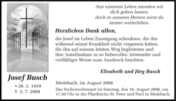 Traueranzeige von Josef Busch von Tageszeitung