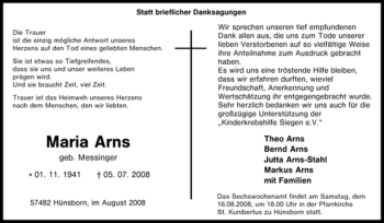 Traueranzeige von Maria Arns von Tageszeitung