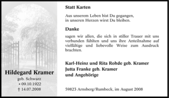 Traueranzeige von Hildegard Kramer von Tageszeitung