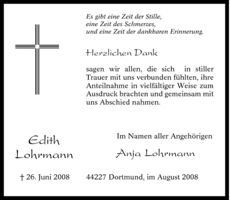  Traueranzeige für Edith Lohrmann vom 09.08.2008 aus Tageszeitung