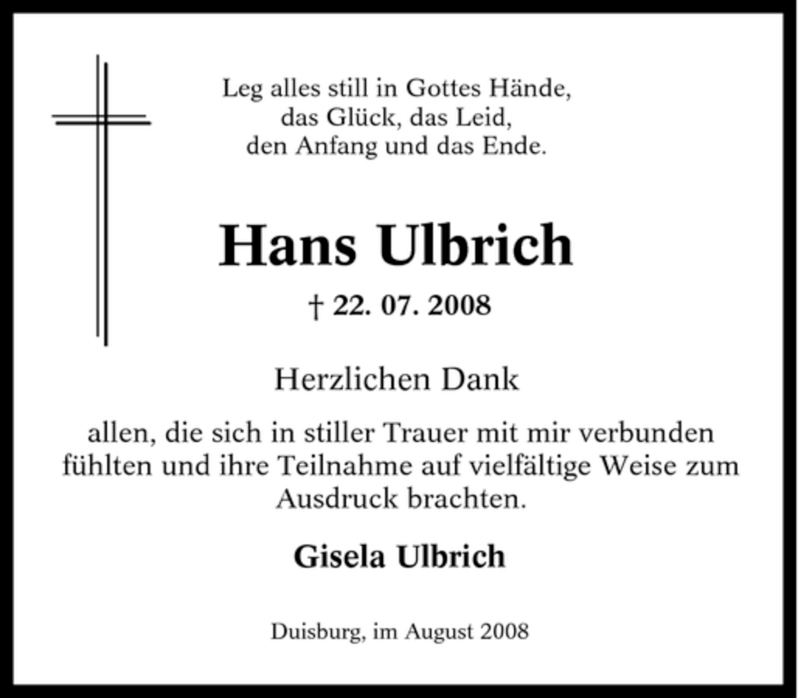  Traueranzeige für Hans Ulbrich vom 09.08.2008 aus Tageszeitung
