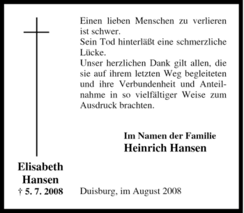 Traueranzeige von Elisabeth Hansen von Tageszeitung