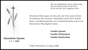 Traueranzeige von Hannelotte Quante von Tageszeitung