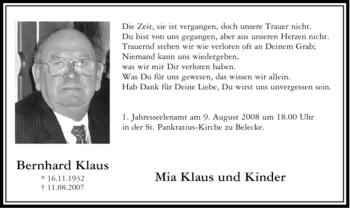 Traueranzeige von Bernhard Klaus von Tageszeitung