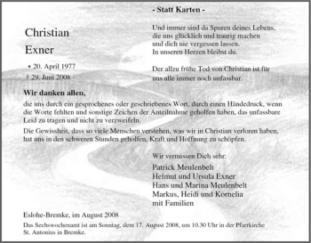 Traueranzeige von Christian Exner von Tageszeitung