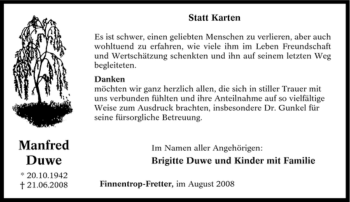 Traueranzeige von Manfred Duwe von Tageszeitung