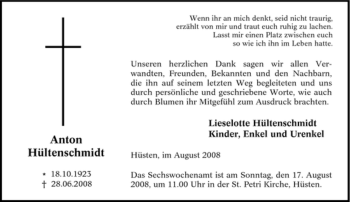 Traueranzeige von Anton Hültenschmidt von Tageszeitung