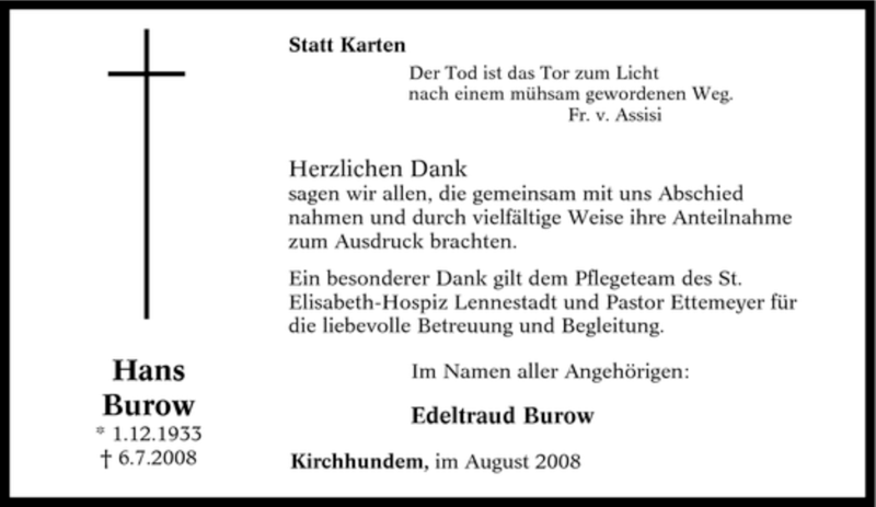  Traueranzeige für Hans Burow vom 16.08.2008 aus Tageszeitung