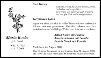 Traueranzeige von Maria Koebe von Tageszeitung