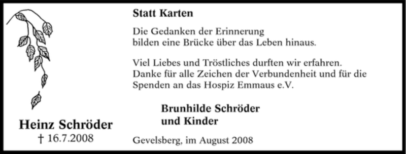  Traueranzeige für Heinz Schröder vom 16.08.2008 aus Tageszeitung
