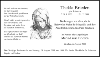 Traueranzeige von Thekla Brieden von Tageszeitung