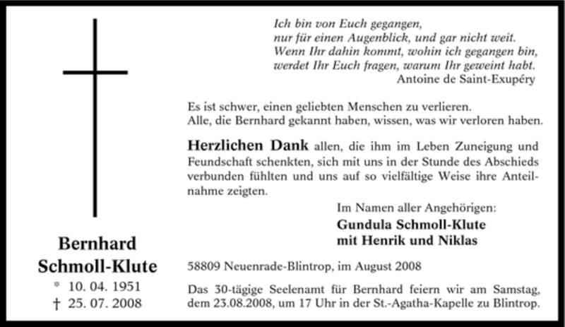  Traueranzeige für Bernhard Schmoll-Klute vom 16.08.2008 aus Tageszeitung