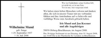 Traueranzeige von Wilhelmine Mund von Tageszeitung
