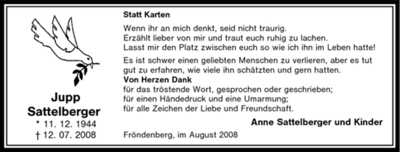 Traueranzeige für Jupp Sattelberger vom 16.08.2008 aus Tageszeitung