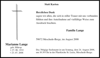Traueranzeige von Marianne Lange von Tageszeitung