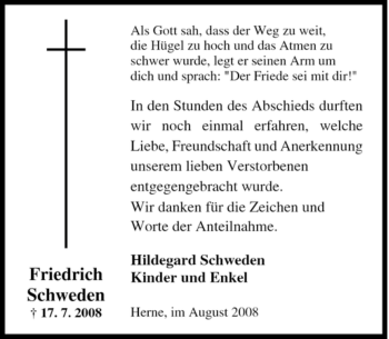 Traueranzeige von Friedrich Schweden von Tageszeitung