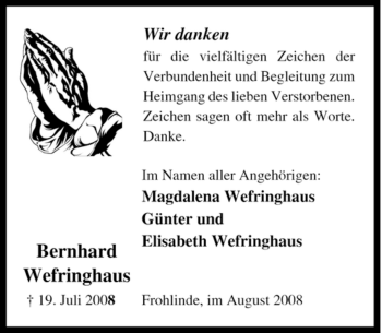 Traueranzeige von Bernhard Wefringhaus von Tageszeitung