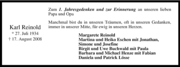 Traueranzeige von Karl Reinold von Tageszeitung