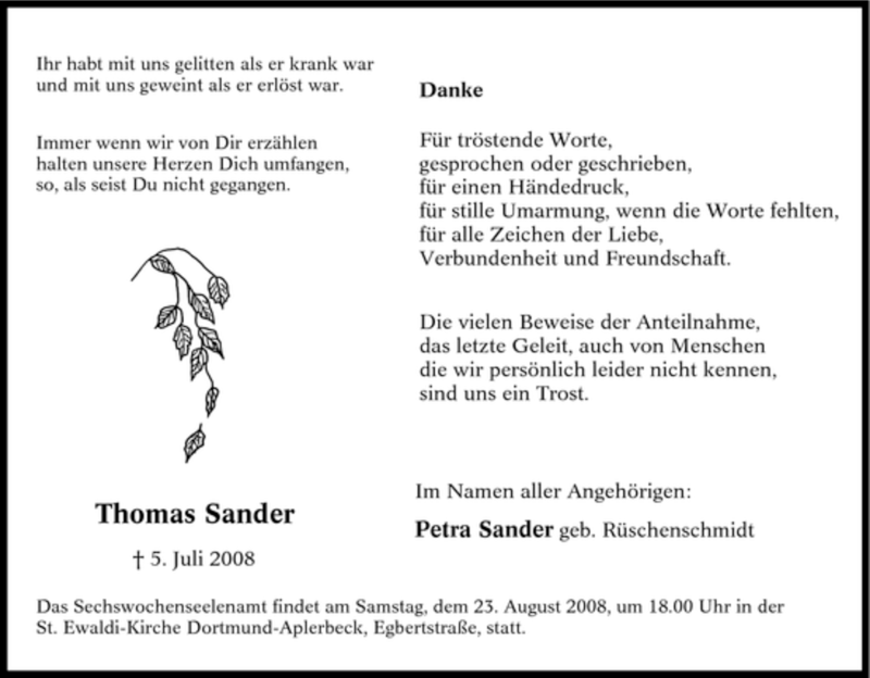  Traueranzeige für Thomas Sander vom 18.08.2008 aus Tageszeitung