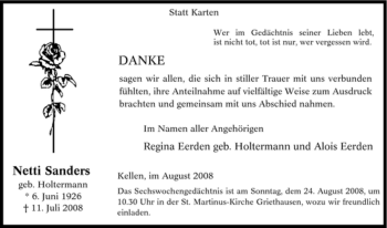 Traueranzeige von Netti Sanders von Tageszeitung