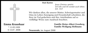 Traueranzeige von Emma Kraushaar von Tageszeitung