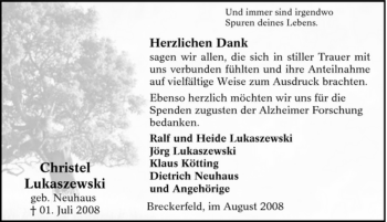 Traueranzeige von Christel Lukaszewski von Tageszeitung