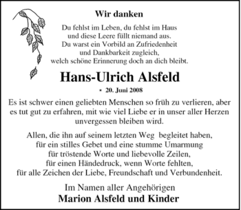 Traueranzeige von Hans-Ulrich Alsfeld von Tageszeitung