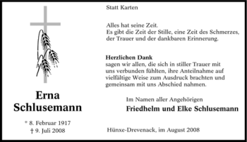 Traueranzeige von Erna Schlusemann von Tageszeitung