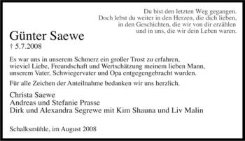 Traueranzeige von Günter Saewe von Tageszeitung