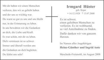 Traueranzeige von Irmgard Hüster von Tageszeitung