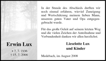 Traueranzeige von Erwin Lux von Tageszeitung