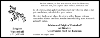 Traueranzeige von Brigitte Westerhoff von Tageszeitung
