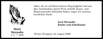 Traueranzeige von Maria Morandin von Tageszeitung