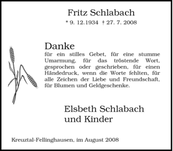 Traueranzeige von Fritz Schlabach von Tageszeitung