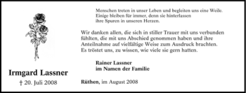 Traueranzeige von Irmgard Lassner von Tageszeitung
