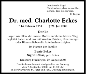 Traueranzeige von Charlotte Eckes von Tageszeitung