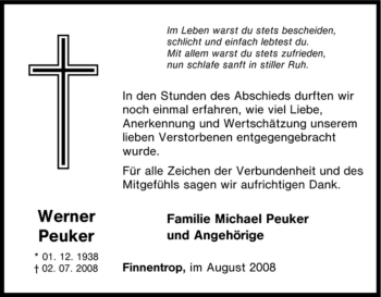 Traueranzeige von Werner Peuker von Tageszeitung