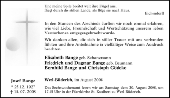 Traueranzeige von Josef Bange von Tageszeitung