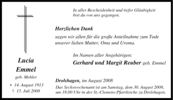 Traueranzeige von Lucia Emmel von Tageszeitung