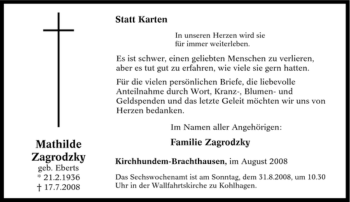 Traueranzeige von Mathilde Zagrodzky von Tageszeitung