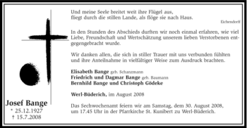 Traueranzeige von Josef Bange von Tageszeitung