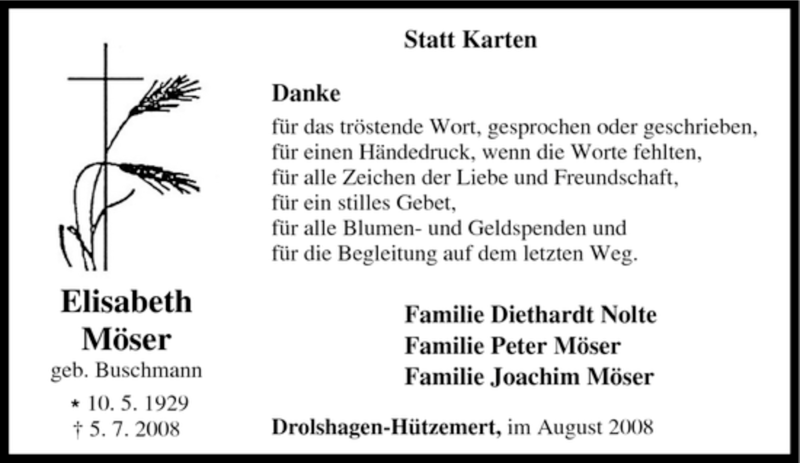  Traueranzeige für Elisabeth Möser vom 27.08.2008 aus Tageszeitung